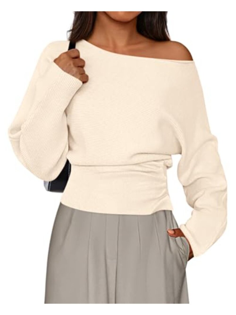 Off Shoulder Ribbed Knit Sweater Women Pullover Long Sleeve Sheer Stretch